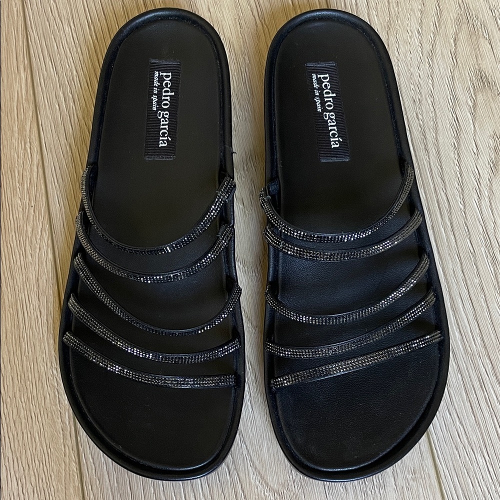 Pedro Garcia Black Strappy Slide Sandals with Subtle Sparkle